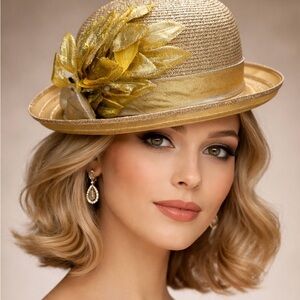 Ruth Shaw Gold Bowler Hat Rolled Rim Church Derby Vintage Flower Trim